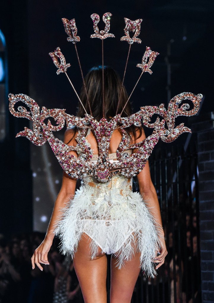 Victorias Secret Designer Collection Bra and Matching Panty  Lace and Feather Bodice and Rose Gold Plated Wing with Swarovski Crystals, Alessandra Ambrosio